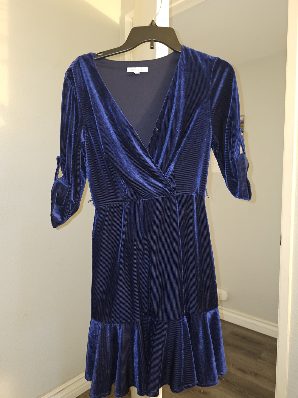 Deep Blue Velvet Wrap Dress - Women's Elegant Evening Dress